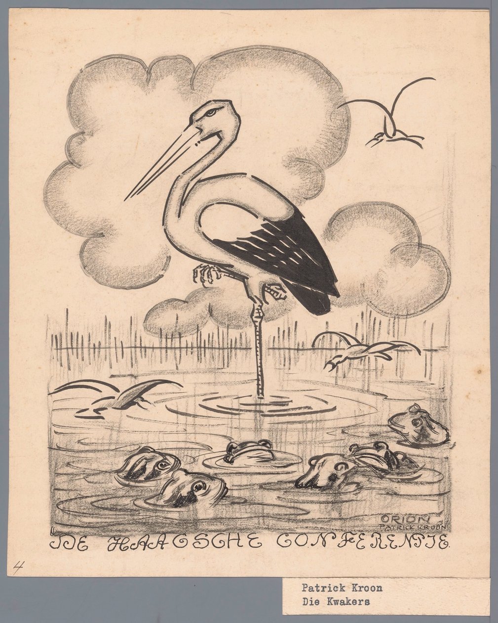 Bocian wśród żab Konferencja Haska / De Kwakers (tytuł obiektu) autorstwa Patricq Kroon (signed by artist)