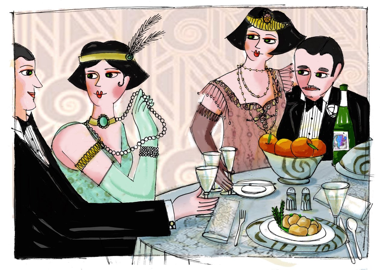 Ilustracja przedstawiająca światową kolację we "Wspaniałym Gatsbym" amerykańskiego pisarza Francisa Scotta Fitzgeralda (1896-1940) (Wielki Gatsby) Rysunek Patrizia Laporta autorstwa Patrizia La Porta