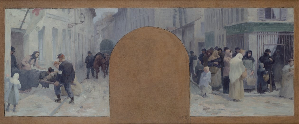 Transport rannych do karetki i kolejki przed sklepem (brezent olejny) autorstwa Paul Albert Baudouin