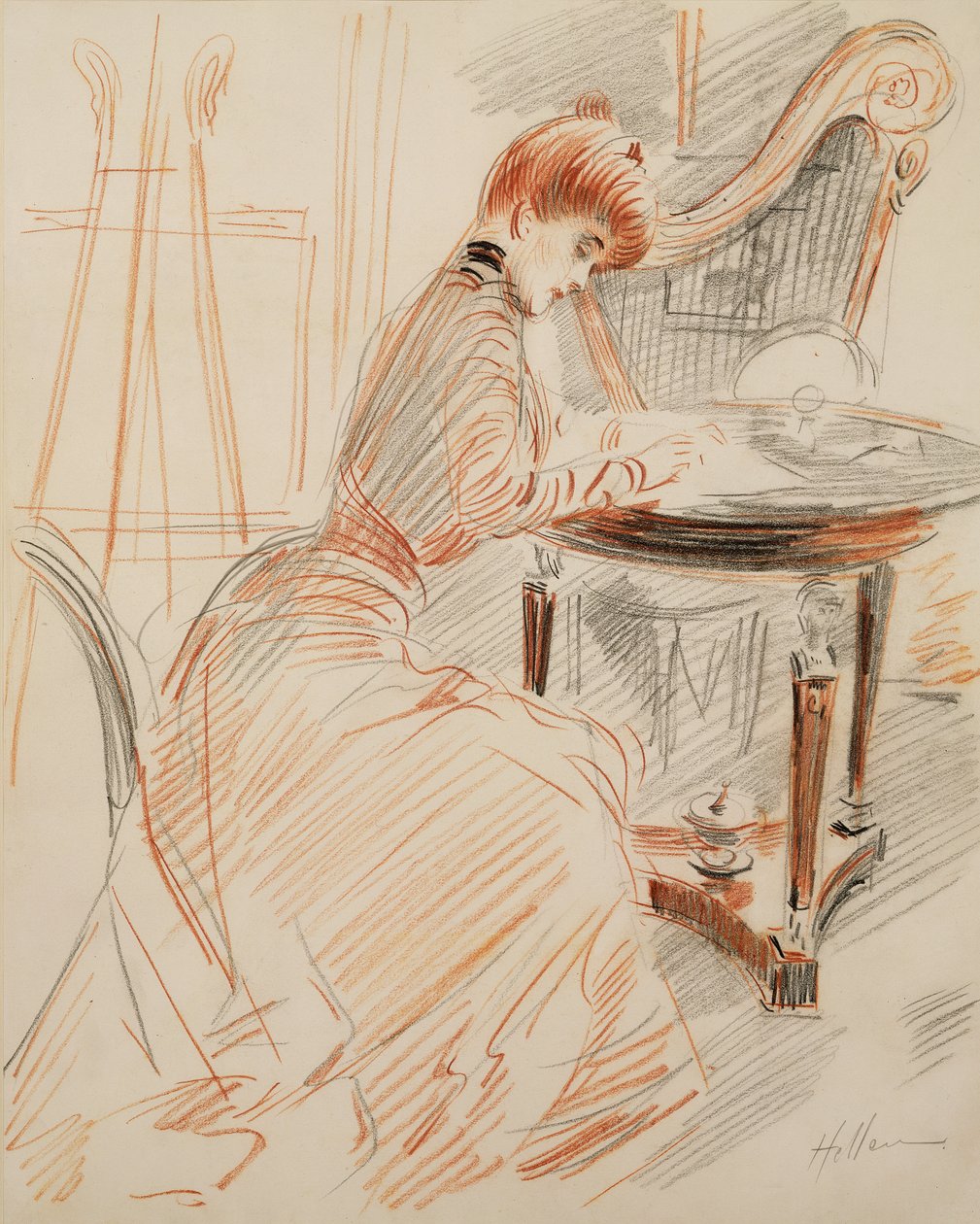 Madame Helleu Writing (czerwony ołówek i węgiel) autorstwa Paul Cesar Helleu