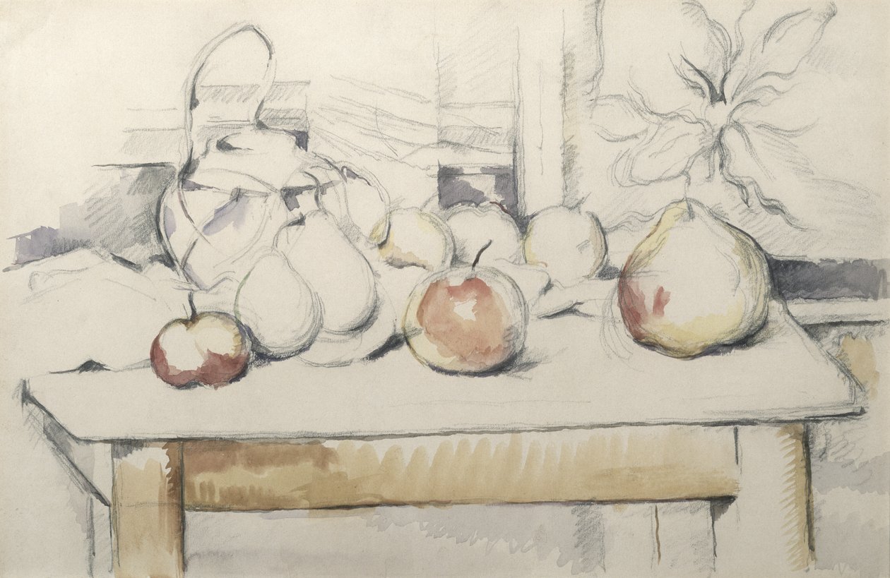 Garnek imbiru i owoców na stole, ok. 1888-90 (ołówek i wc na papierze) autorstwa Paul Cézanne