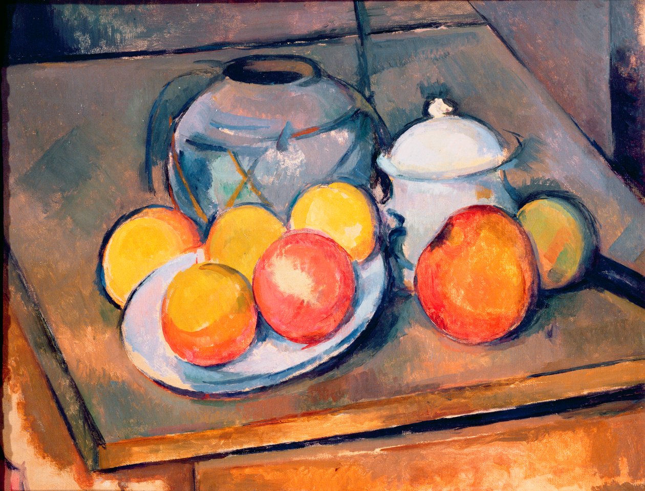 Wazon pokryty słomą, cukiernica i jabłka, 1890-93 (patrz również 287555) autorstwa Paul Cézanne
