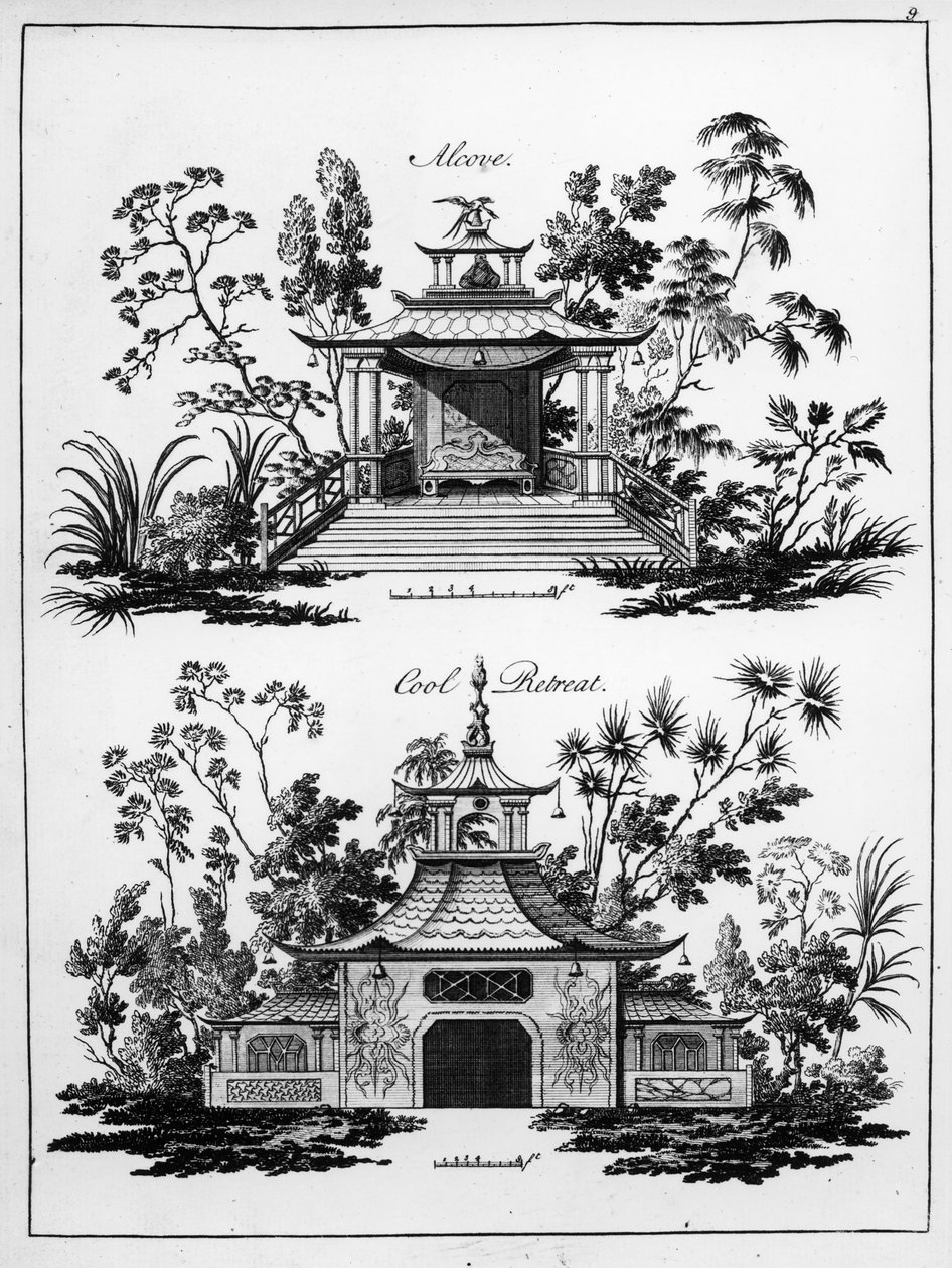 Alkowa i fajne rekolekcje, z „Chińska architektura, cywilna i ozdobna”, opublikowana w 1759 r. autorstwa Paul Decker