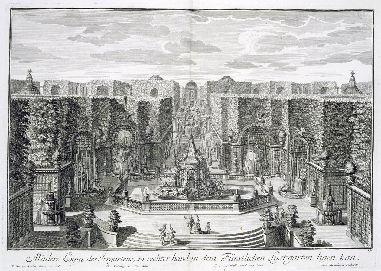 Niemiecki ogród wodny, z „Furstlicher Baumeister”, sztychowany przez Karla Remsharda (1678-1735), wydany ok. 1711-16 autorstwa Paul Decker