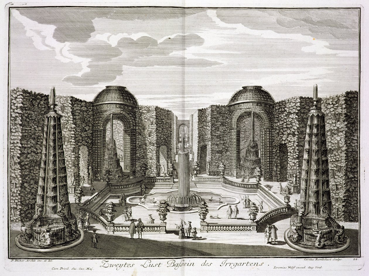 Fontanna w labiryncie Książęcej Przyjemności Pałacu i Ogrodów w Berlinie, rytowana przez Karla Remsharda (1678-1735), wydana ok. 1711-16 autorstwa Paul Decker