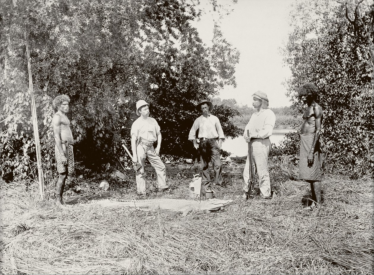 Dr Stirling, strzelanie do aligatorów, Daly River autorstwa Paul Foelsche
