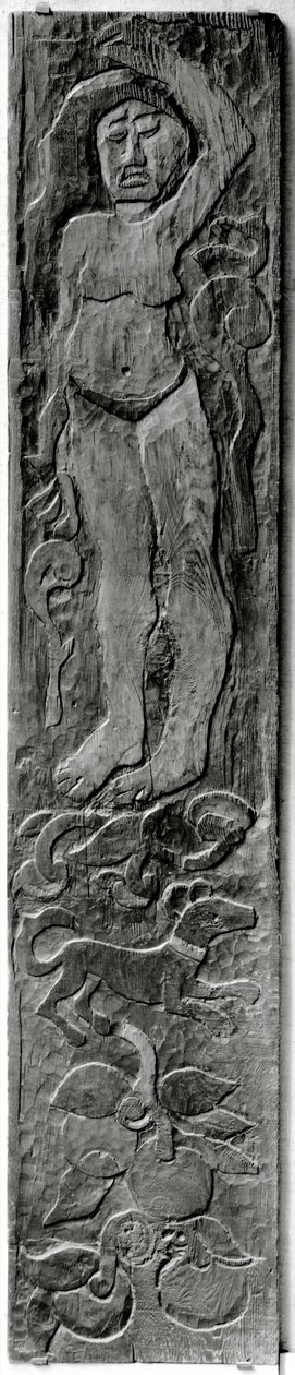 Rzeźbiony pionowy panel z futryny drzwi ostatniej rezydencji Gauguins w Atuona na Hiva Oa (Wyspy Markizy), 1902 (sekwoja) autorstwa Paul Gauguin