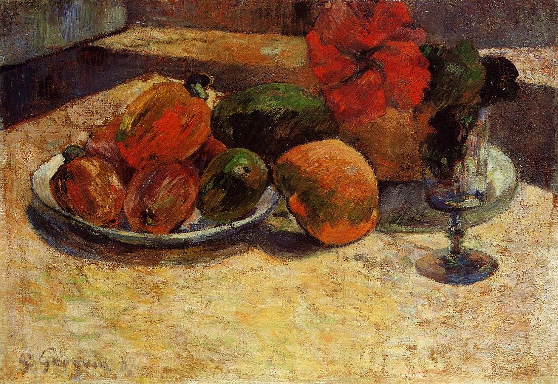 Owoce egzotyczne z czerwonymi kwiatami autorstwa Paul Gauguin