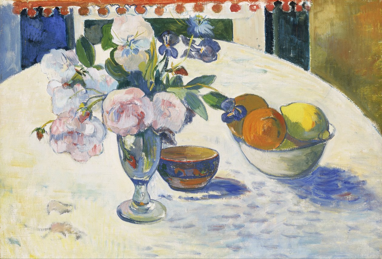 Kwiaty i miska owoców na stole autorstwa Paul Gauguin