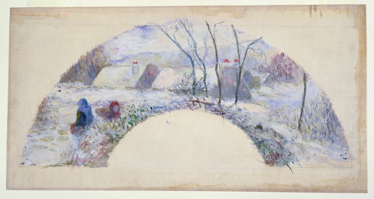 Ogród pod śniegiem, projekt wentylatora, ok. 1885 (wc i kolor nadwozia na czarnej kredzie na cienkim lnie) autorstwa Paul Gauguin