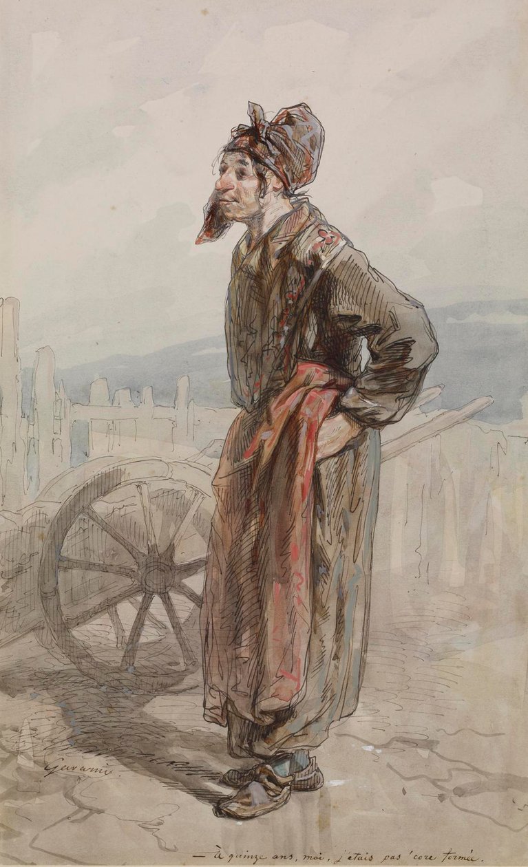 „W wieku 15 lat jeszcze się nie uformowałem”, ok. 1855 (toaleta i atrament z grafitem wzmocnione bielą na papierze) autorstwa Paul Gavarni