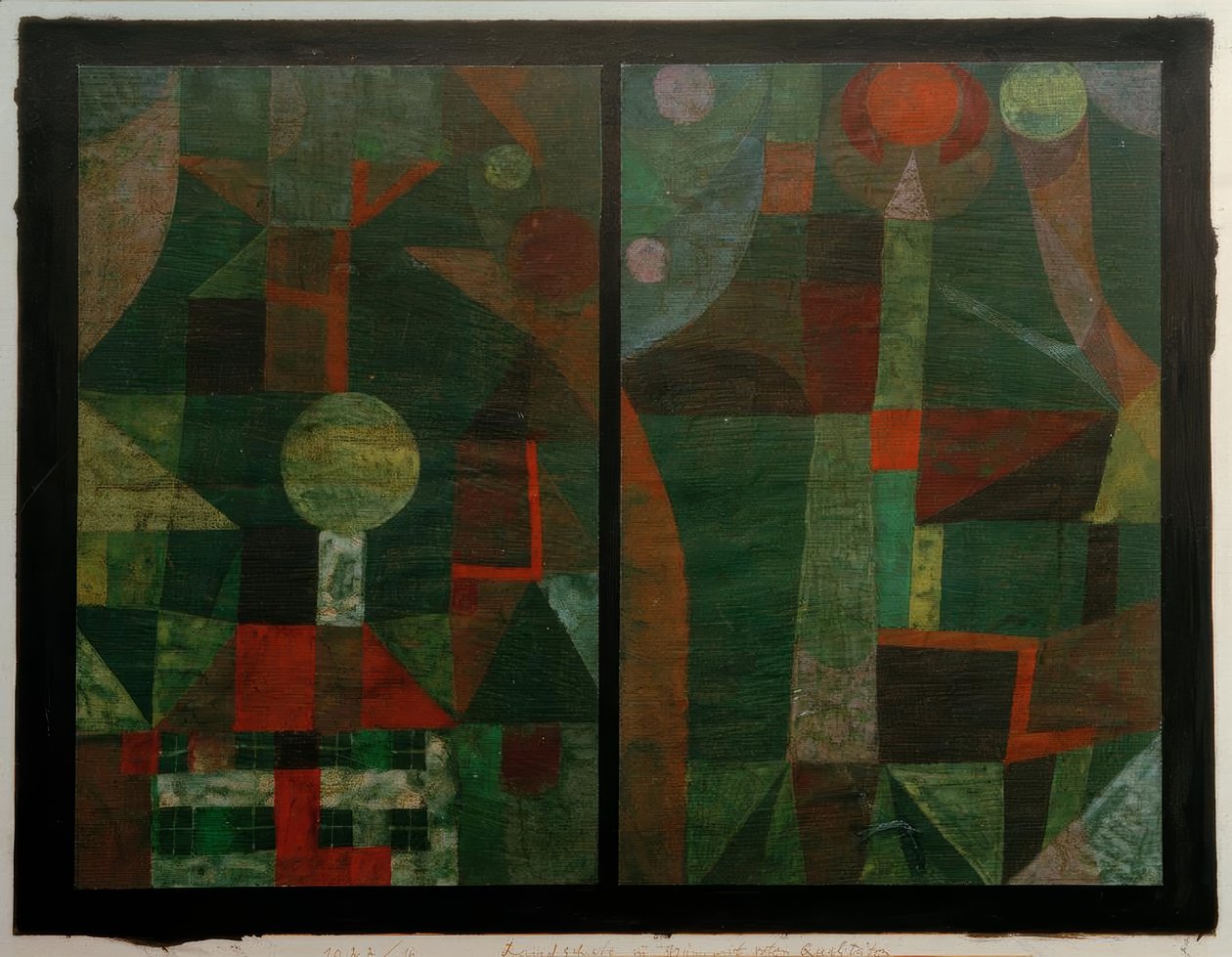 Krajobraz w zieleni z czerwonymi elementami autorstwa Paul Klee