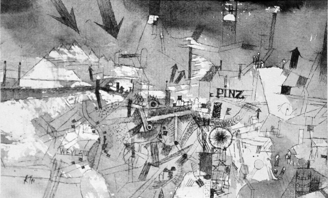 Widok na poważnie zagrożone miasto Pinz autorstwa Paul Klee