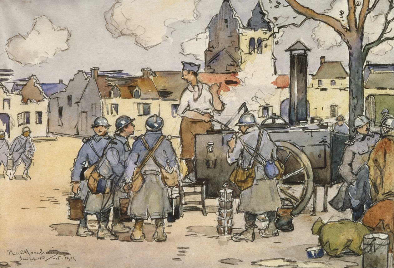 Francuscy snajperzy w kuchni polowej, Marne, październik 1915 (wc na papierze) autorstwa Paul Morchain