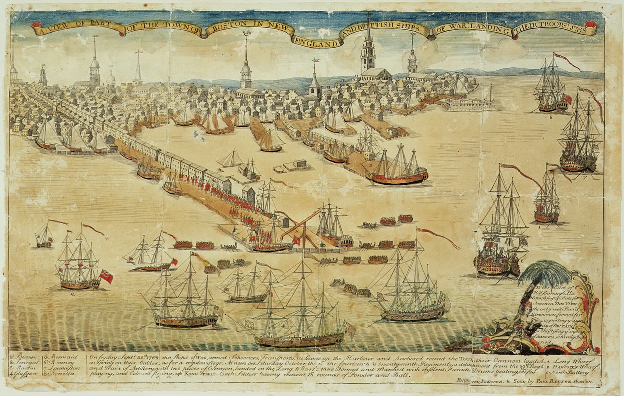 Widok na część miasta Boston w Nowej Anglii i brytyjskie okręty wojenne lądujące swoje oddziały! 1768 autorstwa Paul Revere
