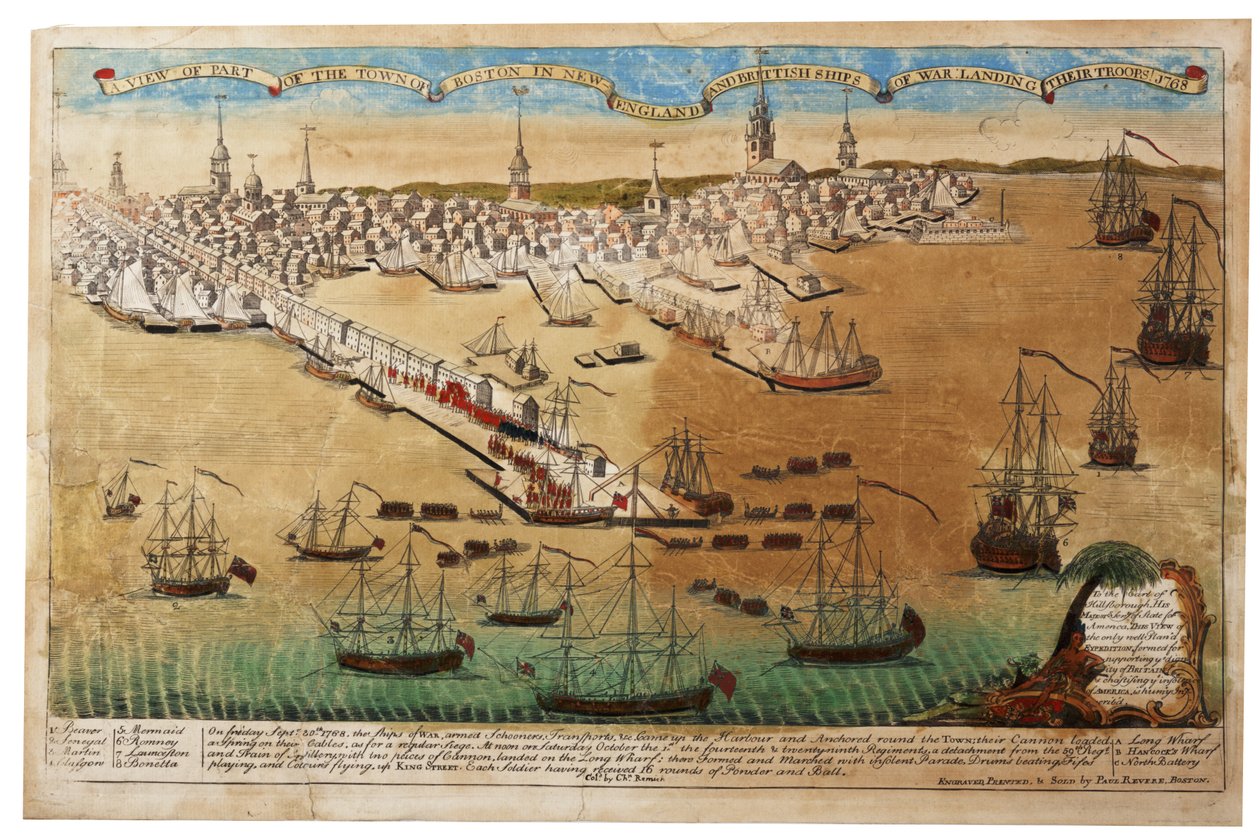 Widok na miasto Boston w Nowej Anglii i brytyjskie okręty wojenne lądujące swoje wojska, 1768, 1770 autorstwa Paul Revere