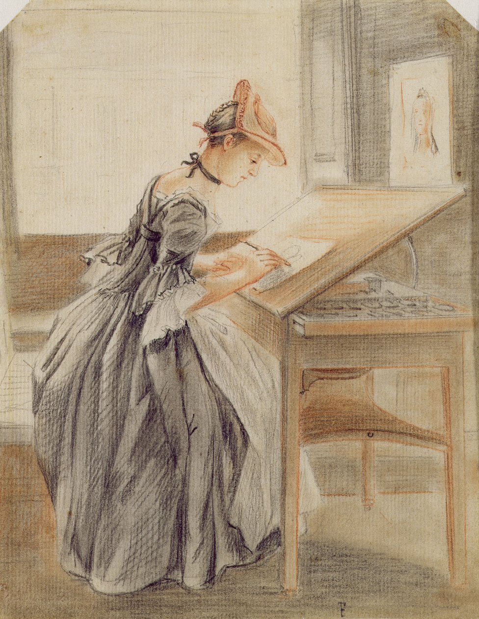 Dama kopiująca przy stole kreślarskim, ok. 1760-70 (grafit, czerwona i czarna kreda i kikut na papierze) autorstwa Paul Sandby