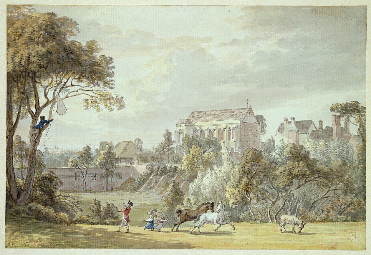 Pałac Króla Jana, Eltham - Odzyskiwanie latawca, 1788 (pióro i atrament oraz toaleta) autorstwa Paul Sandby