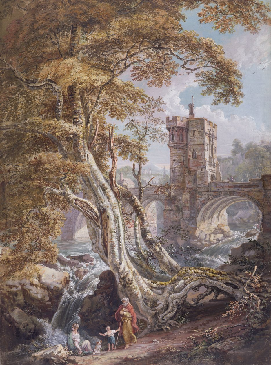 PD.8-1976 Widok na Old Welsh Bridge, Shrewsbury, ok. 1770 (wc, gwasz i tusz na papierze) autorstwa Paul Sandby