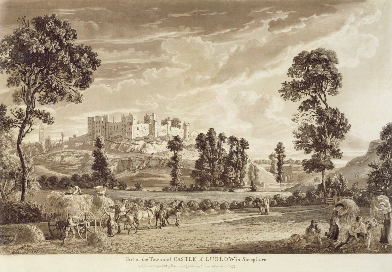 Część miasta i zamku Ludlow w hrabstwie Shropshire, rytowana przez artystę, wydana przez P. Sandby, 1779 (rycina akwatinta) autorstwa Paul Sandby