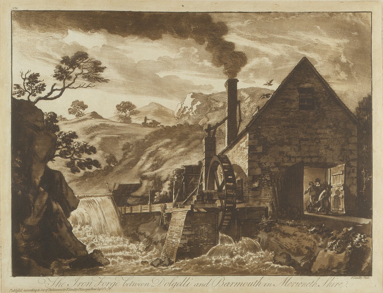 Żelazna Kuźnia w pobliżu Dolgelli i Barmouth w Merionethshire, z Dwunastu Widoków w Walii, 1776 (akwatinta) autorstwa Paul Sandby