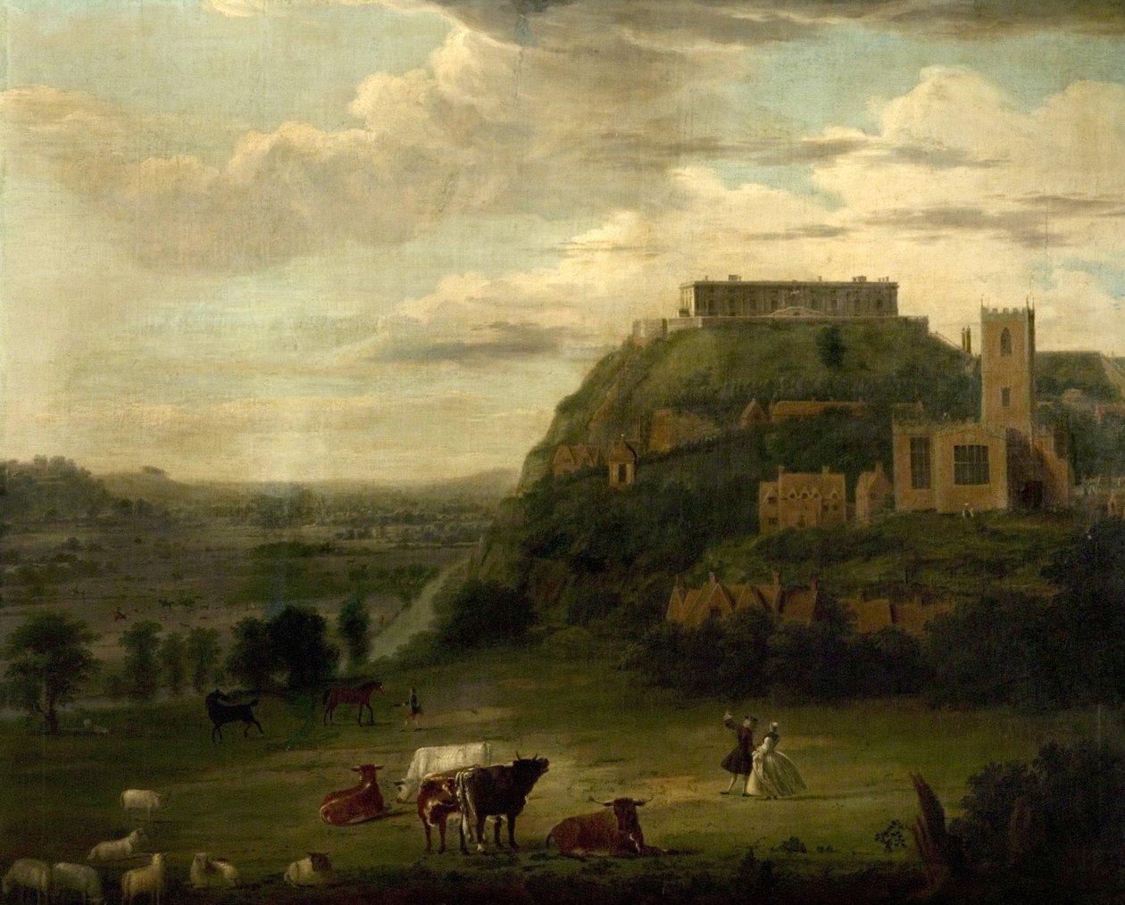 Widok zamku Nottingham z kościołem i domami św. Mikołaja, ok. 1742-50 autorstwa Paul Sandby