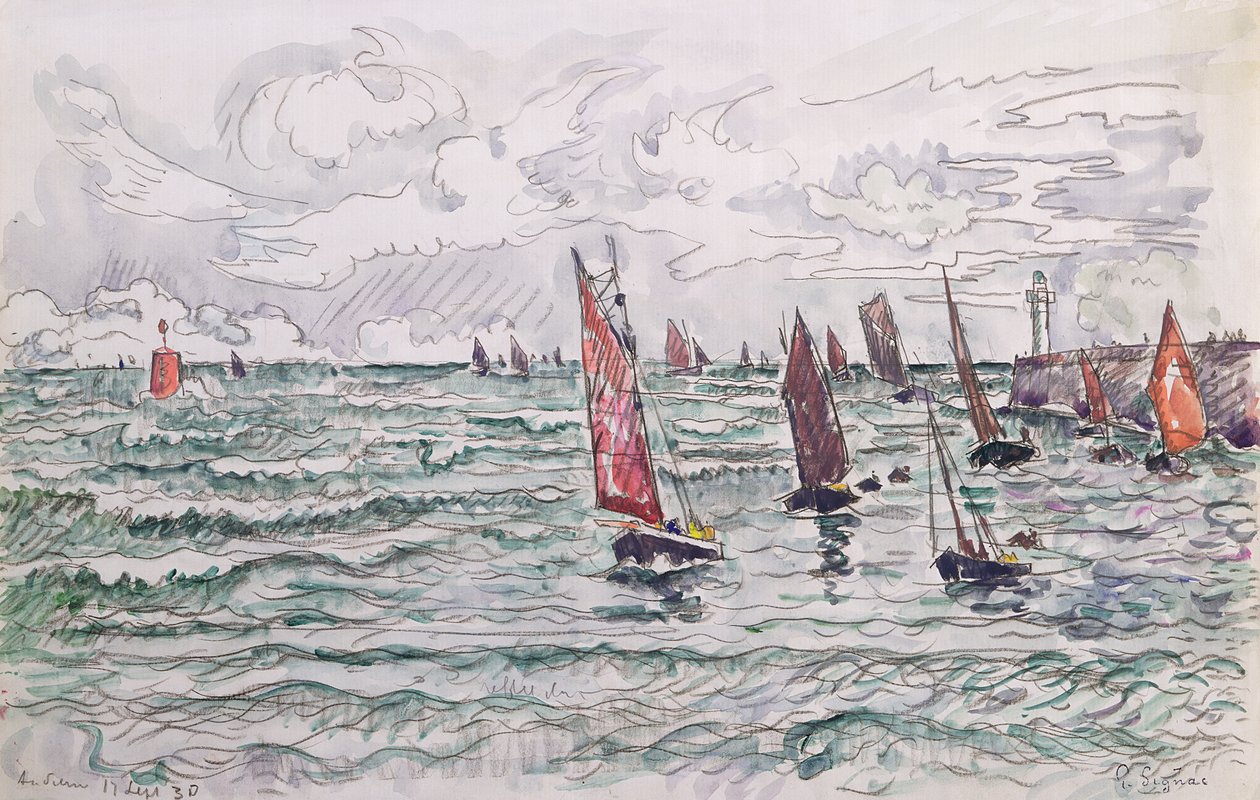 Audierne, Powrót łodzi rybackich, 1930 (wc i ołówek na papierze) autorstwa Paul Signac