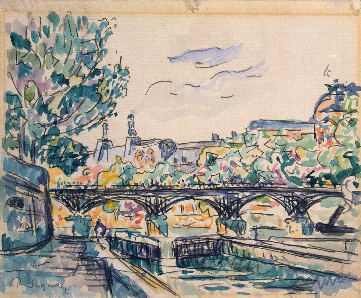 Brzeg Sekwany w pobliżu Pont des Arts, z widokiem na Luwr (pióro i atrament z wc i gwasz na papierze) autorstwa Paul Signac