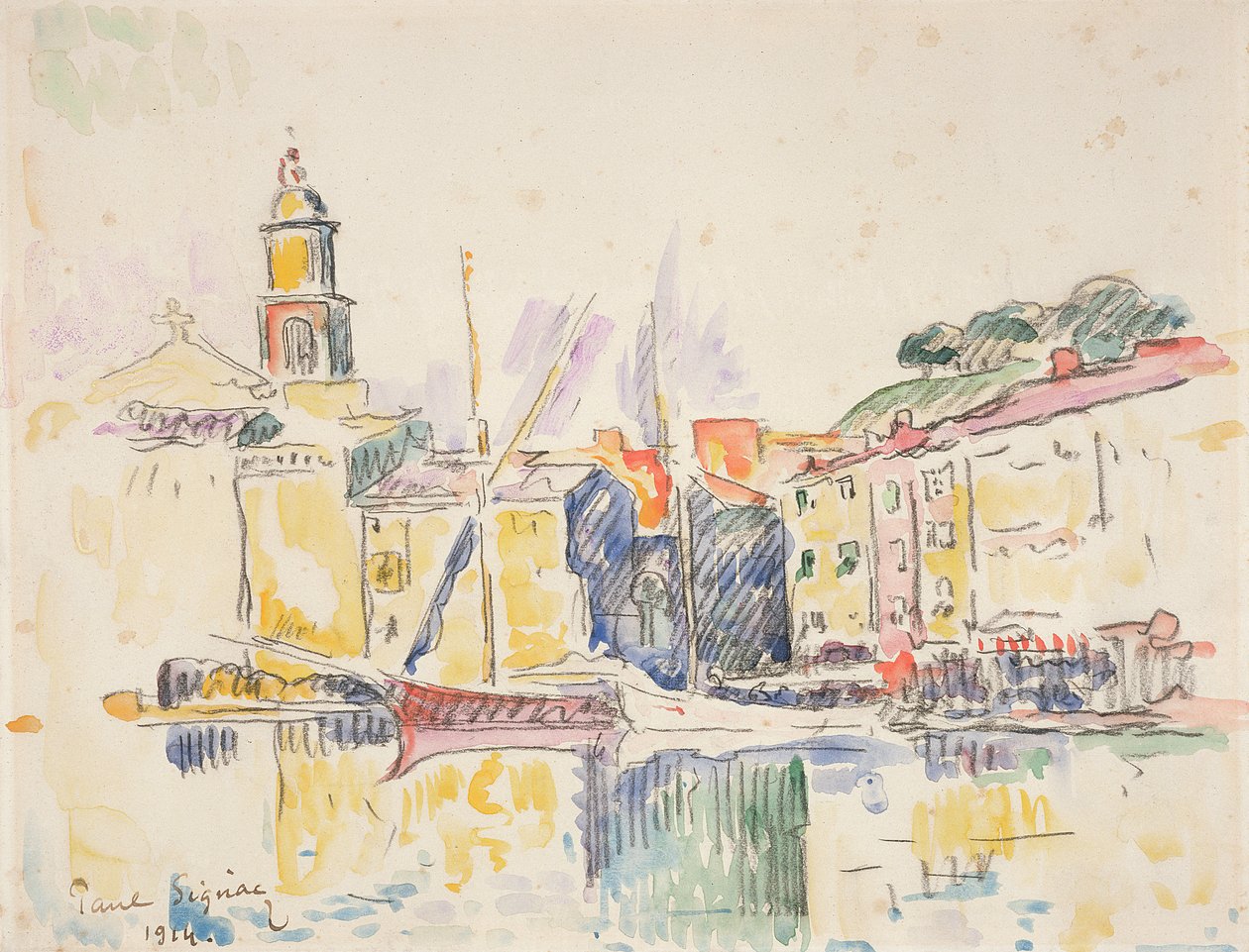 Francuski port St. Tropez, 1914 (węgiel i wc na papierze) autorstwa Paul Signac