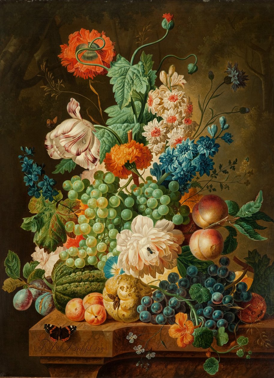 Owoce i kwiaty na marmurowym stole, 1794 autorstwa Paul Theodor van Brussel
