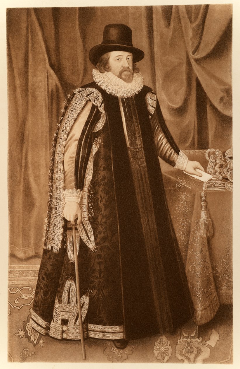 Francis Bacon, wicehrabia St Albans, z „James I i VI”, druk Manzi Joyant und Co. Paris, 1904 (kolotyp) autorstwa Paul van Somer