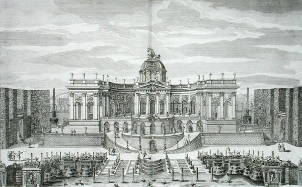 Wielka Grota i Ogród Fontann w Pałacu Książęcej Przyjemności i Ogrodach w Berlinie, rycina Johanna Augusta Corvinusa (1683-1738), wydana ok. 1711-16 (rycina) autorstwa Paul Decker