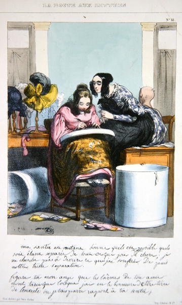 Pracownik w biznesie kapeluszniczym piszący list, ok. 1840 r. (kolor lito) autorstwa Paul (after) Gavarni