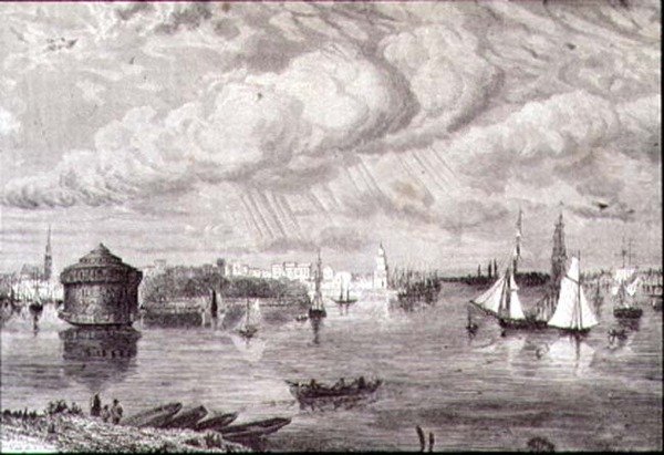 Port w Nowym Jorku w latach 60. XIX wieku (grawerowanie) autorstwa Paul (after) Huet