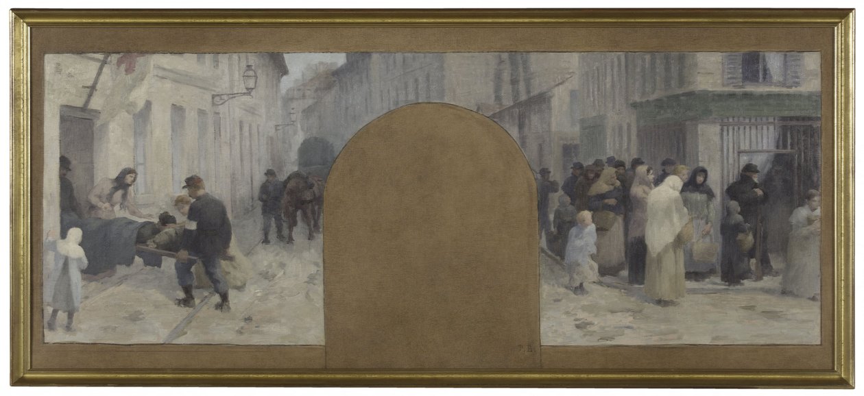 Szkic dla Hôtel de Ville de Paris, cabinet du préfet: Transport rannych do ambulansu. Kolejka przed sklepem podczas oblężenia Paryża w 1870 r. autorstwa Paul Albert Baudouin