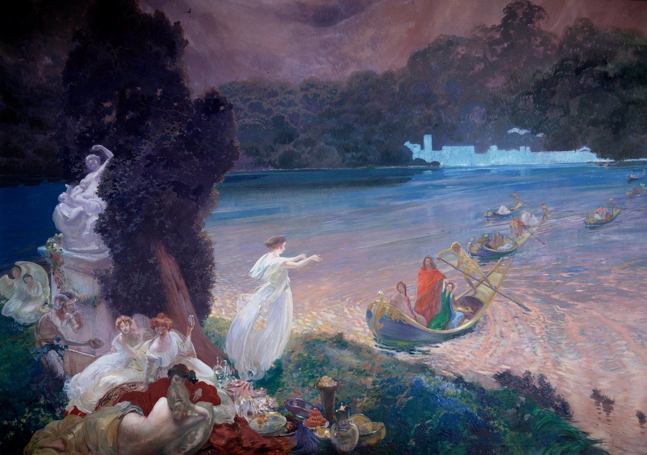 Happy Island: scena z bajki przedstawiająca łodzie dołączające do gości na bankiecie na trawie. Fragment obrazu na tapecie autorstwa Paula Alberta Besnarda (1849-1934). 1900. Paryż, Sztuka dekoracyjna autorstwa Paul Albert Besnard