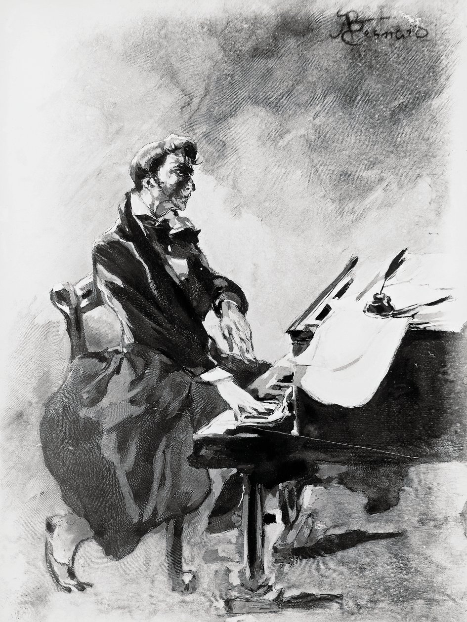 Kompozytor i pianista Fryderyk Chopin grający na fortepianie, Albert Besnard (1849-1934), akwarela autorstwa Paul Albert Besnard