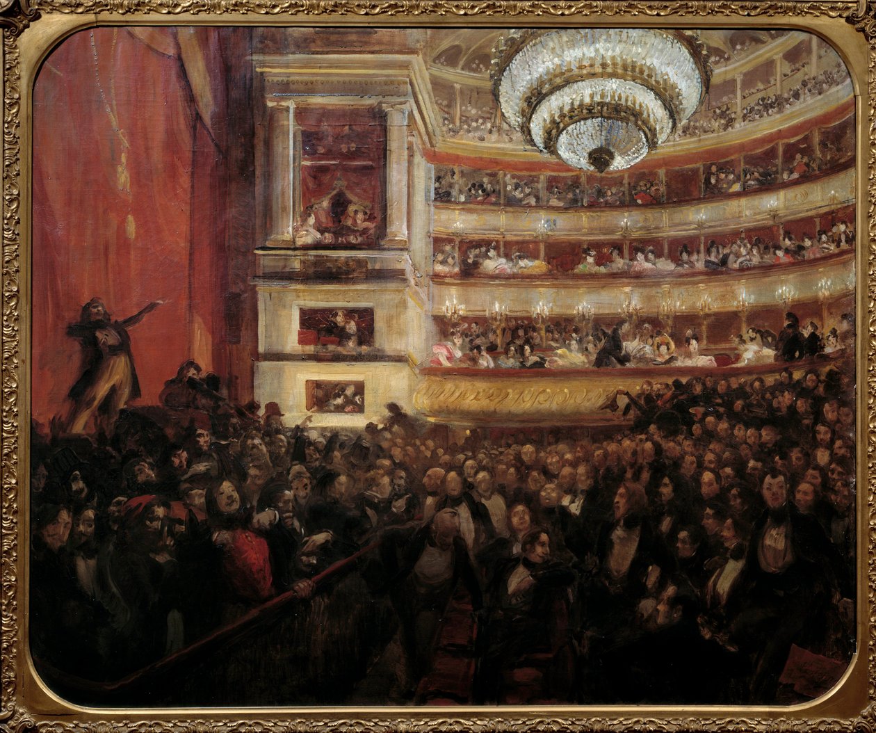 Premiera przedstawienia Hernani Premiere utworu „Hernani” Victora Hugo (1802-1885) w Komedii Francuskiej 25.02.1830. Obraz Paula Alberta Besnarda (1849-1934) XIX w. Niedz. 1,05x1,22 m Paryż, dom Victor Hugo autorstwa Paul Albert Besnard