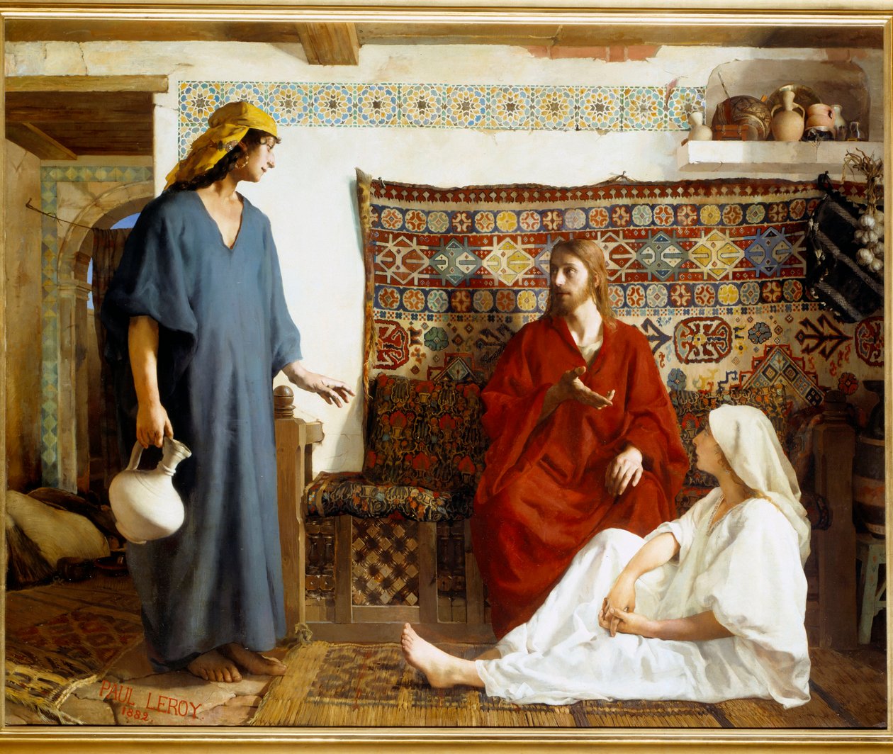 Jezus u Marty i Marii - Sainte Marthe, uczennica Jezusa Chrystusa i jej siostra Marie de Bethanie - Obraz Paul Alexandre Leroy (1860-1942) autorstwa Paul Alexander Alfred Leroy