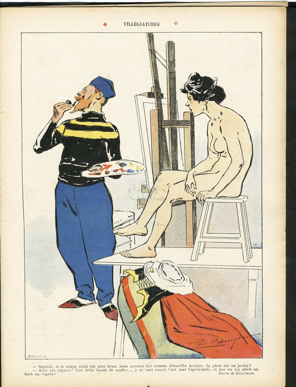 Ilustracja Paula Balluriau (1860-1917) w Le Rire, 08.03.07 - Villegiatures - Sztuka - Malarze artyści, Modelka (która pozuje) autorstwa Paul Balluriau
