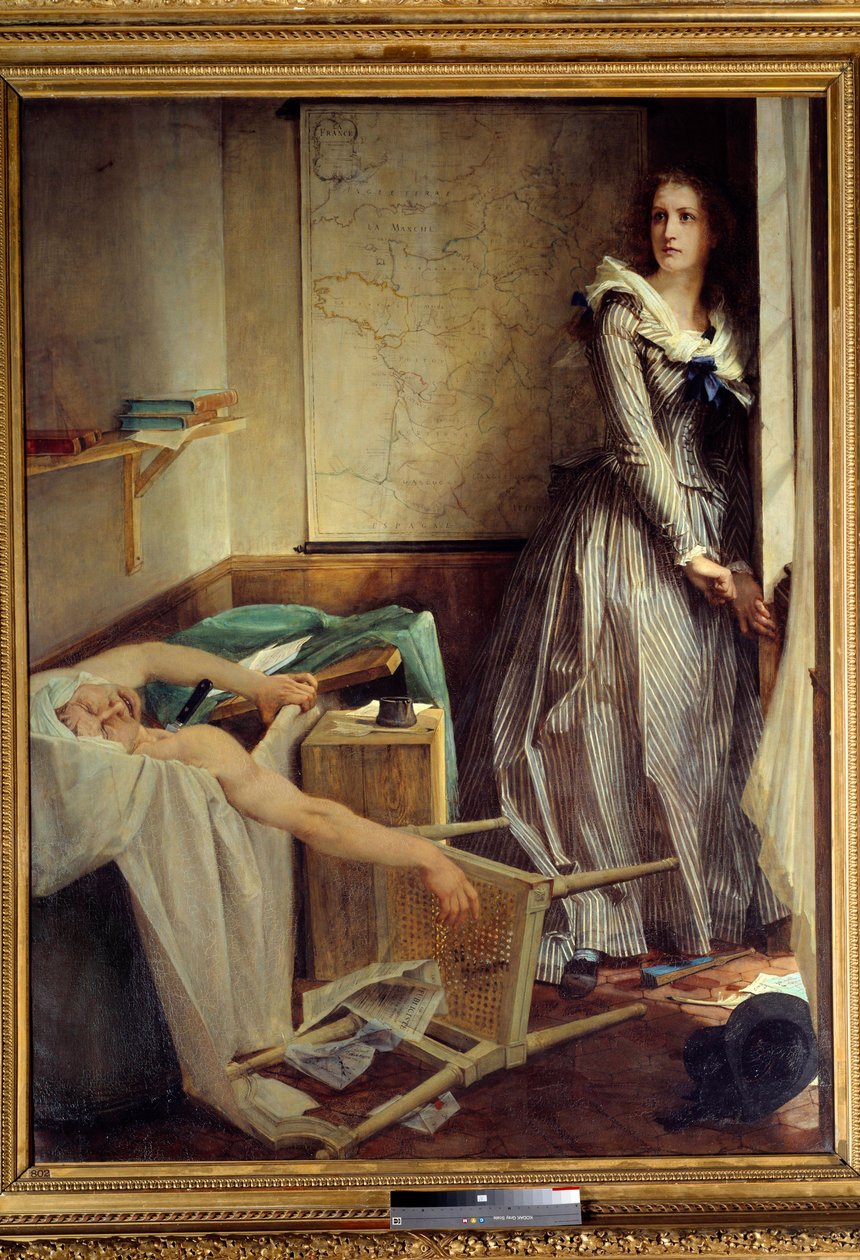 Rewolucja Francuska: „”Charlotte Corday (1768-1793) w czasie zamachu Jean Paul Marat”” Obraz Paula Baudry