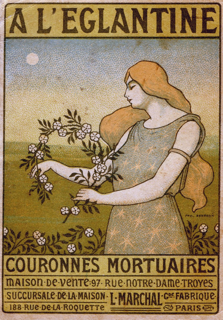 Styl życia. Do dzikiej róży, handlu wieńcami pogrzebowymi, kwiaciarni. Ogłoszenie Paula Berthona, Francja, ok. 1900 (plakat) autorstwa Paul Berthon