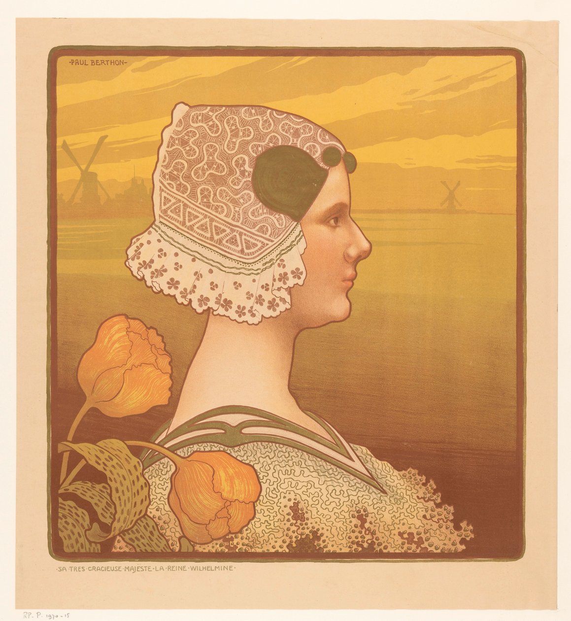 Portret królowej Wilhelminy w tradycyjnym stroju Sa très graceful majeste la reine Wilhelmine (tytuł na obiekcie) autorstwa Paul Berthon