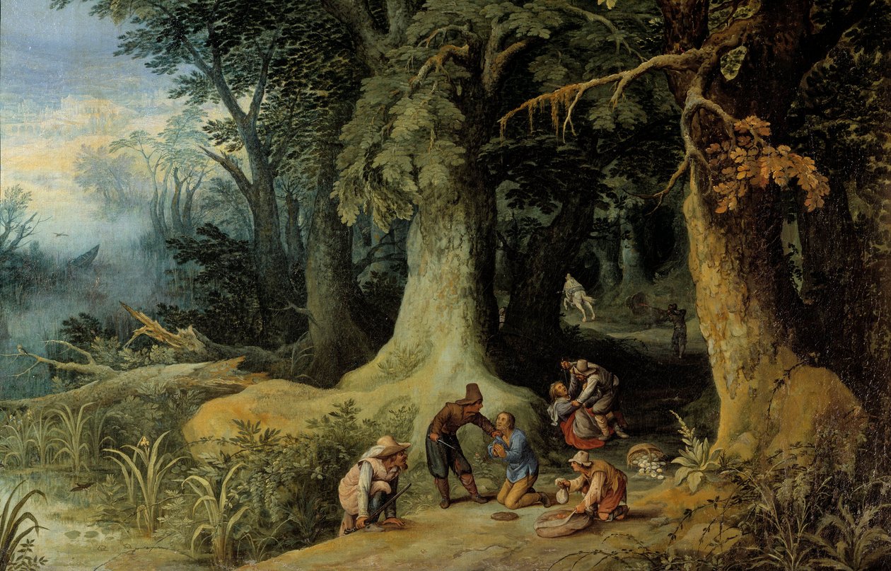 Atak bronią w lesie Grupa bandytów z autostrady. Obraz Paula Brila (Brill) (1554-1626) autorstwa Paul Bril