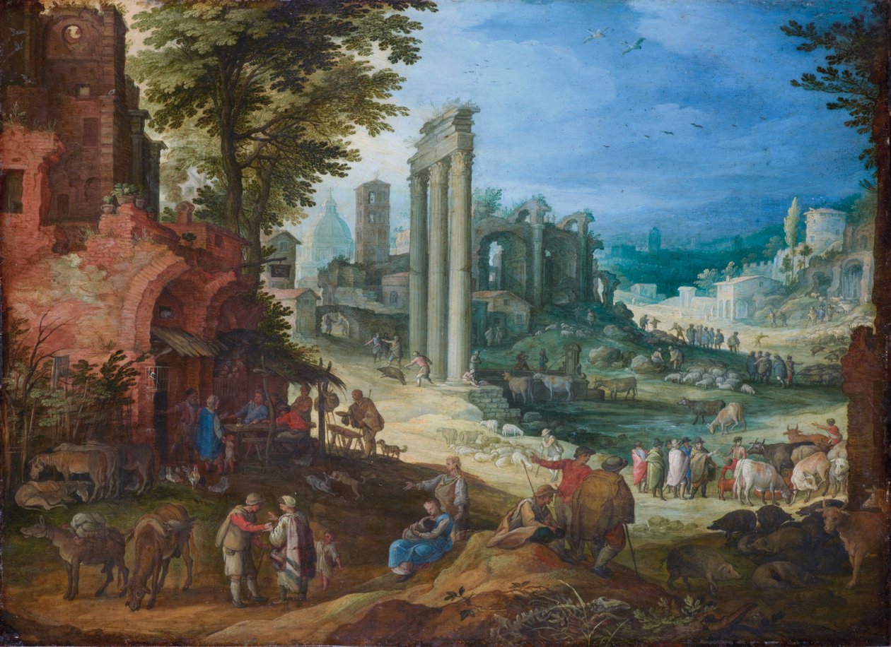 Widok na Forum Romanum z kolumnami świątyń Kastora i Polluksa oraz bazylikę Hadriana autorstwa Paul Brill