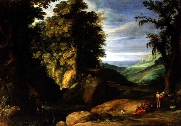 Krajobraz z podróżnikami, ok. 1610-15 (olej na płótnie) autorstwa Paul Brill or Bril