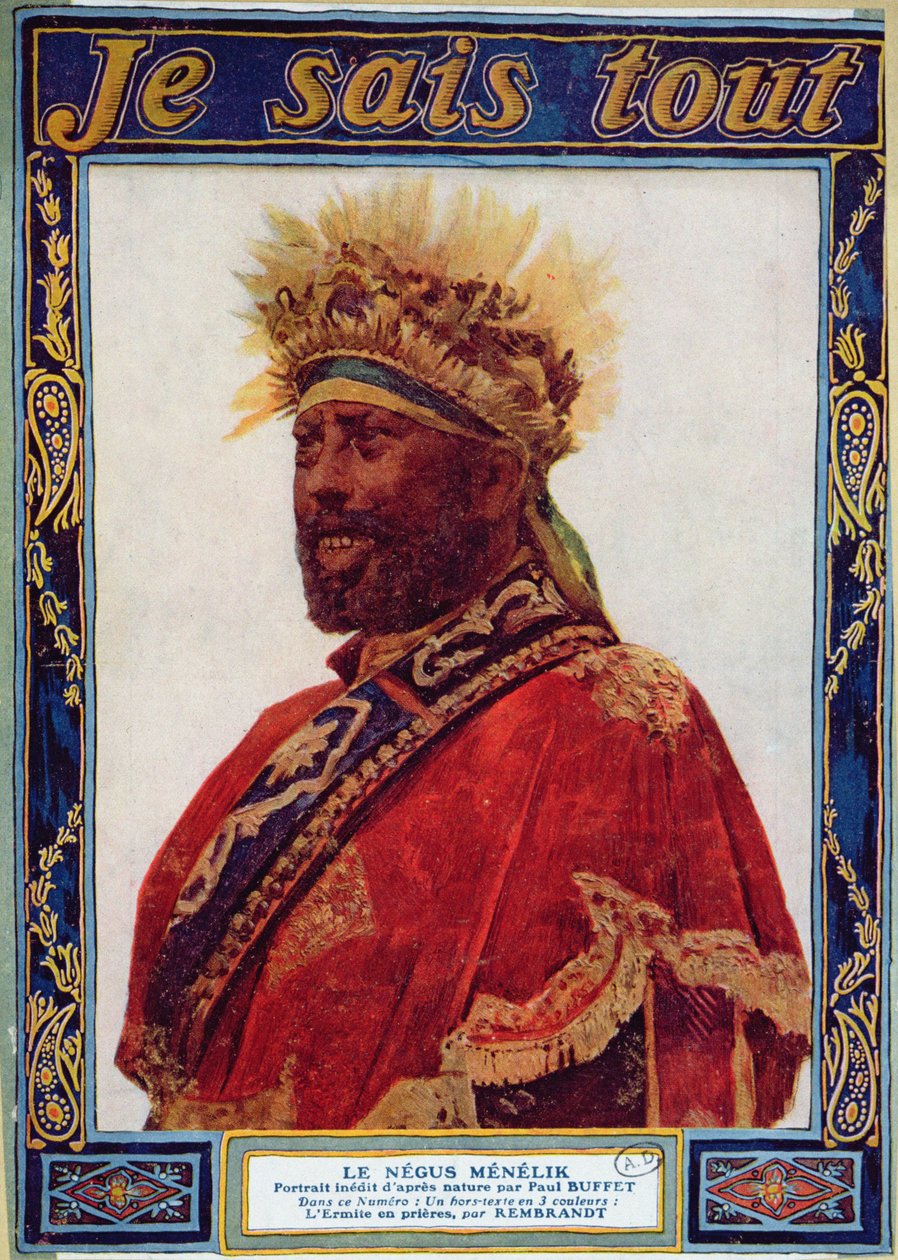 Portret Negusa z Etiopii, Menelik II (1844-1913), ilustracja z magazynu Je Sais Tout, ok. 1900 autorstwa Paul Buffet