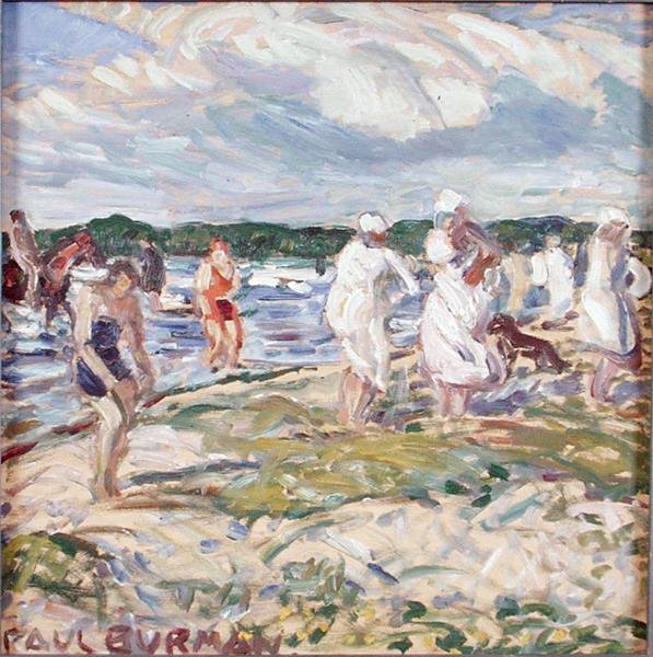 Pływacy na plaży w Pelgurand (olej na sklejce) autorstwa Paul Burman