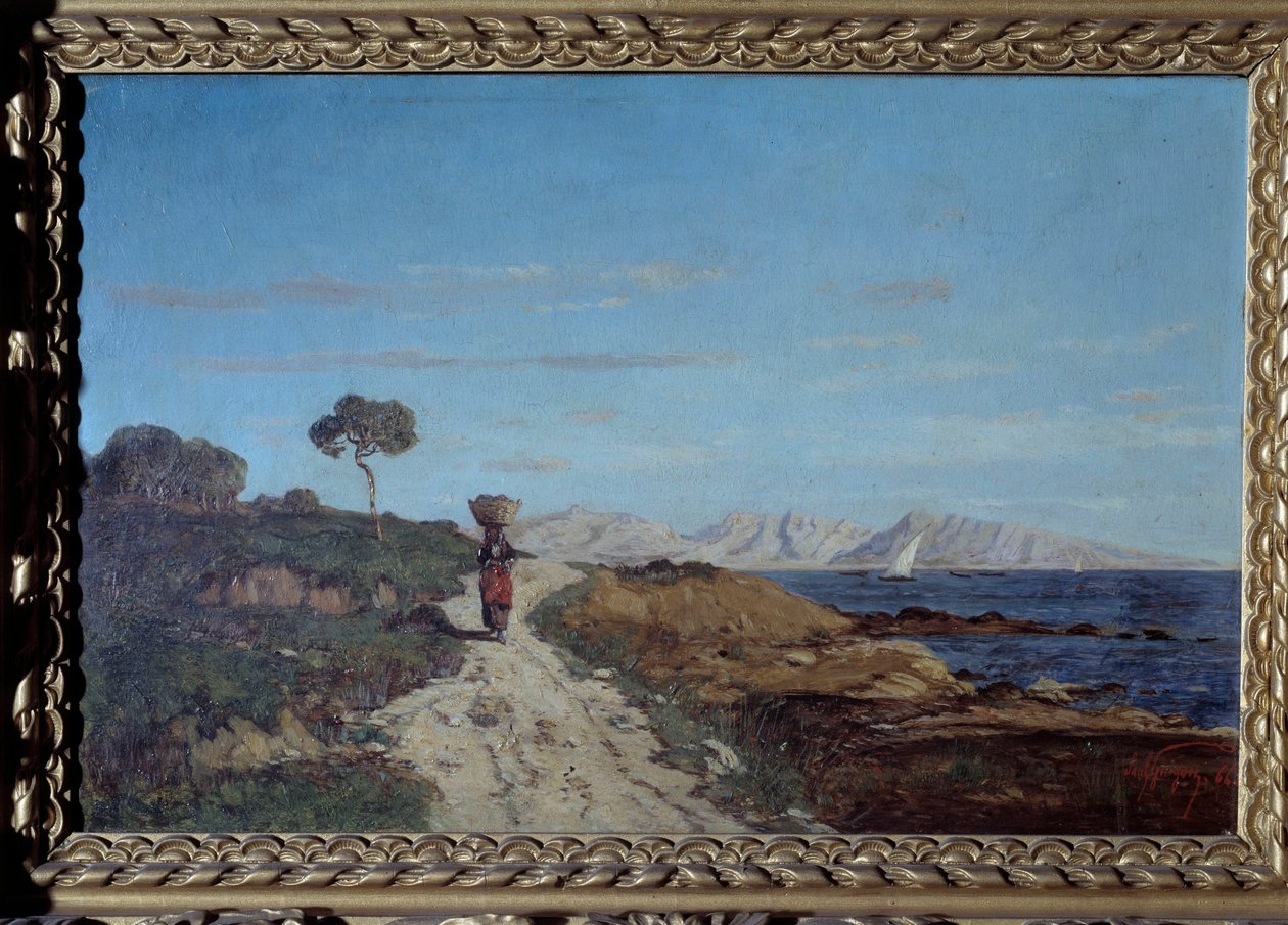 Wokół Marsylii w 1866 roku: morski krajobraz z kobietą niosącą kosz na głowie i idącą drogą. Obraz Paula Camille Guigou (1834-1871). 1866. Ciekawy. Muzeum Perigord autorstwa Paul Camille Guigou