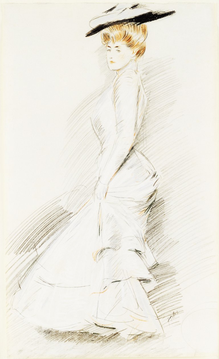 Elegancka dama w białej sukni, autorstwa Paul Cesar Helleu
